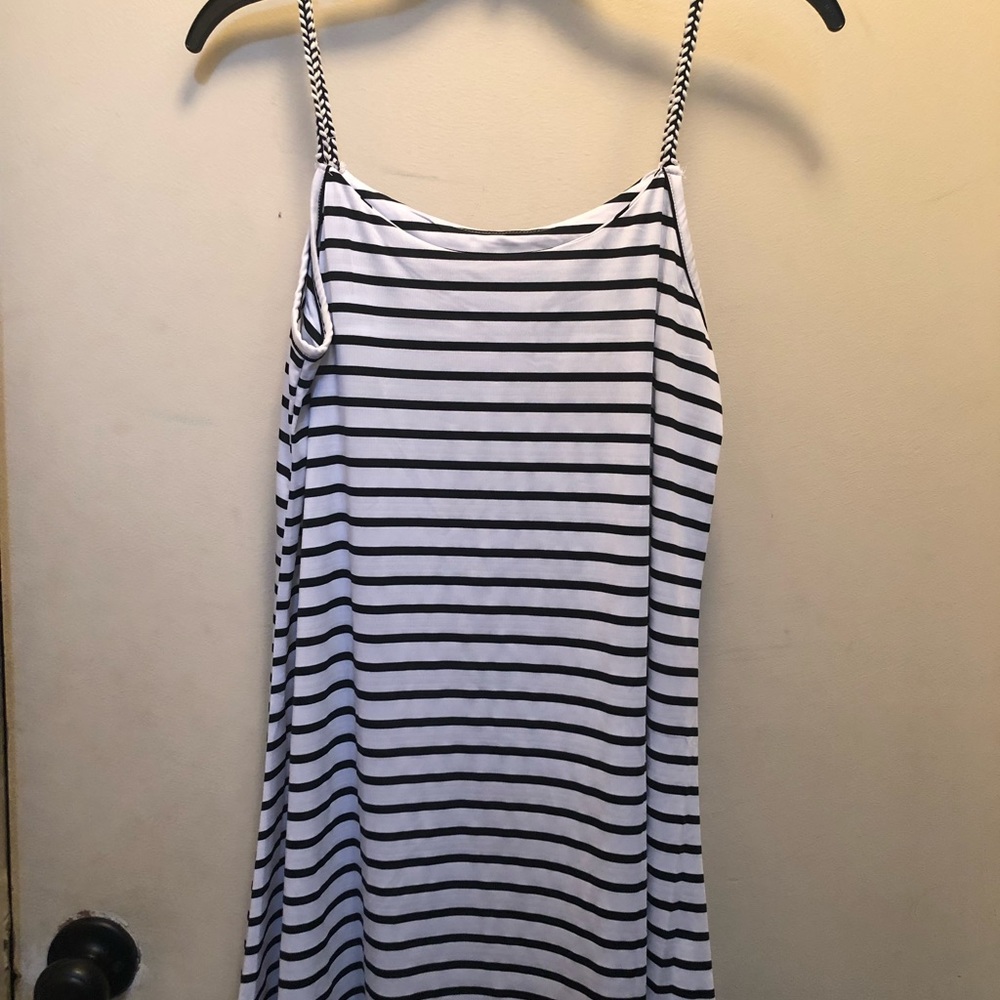 White dress w/blue stripes braided spaghettistraps